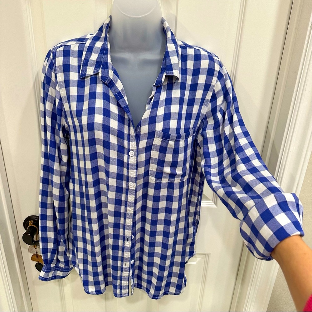 Womens Medium Button Front Blue White Plaid Shirt Long Sleeve checkers